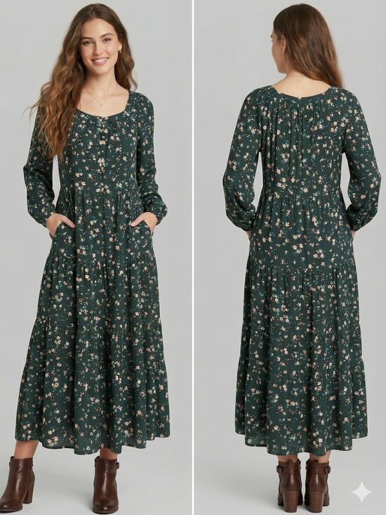Old Navy Dresses & Skirts - Old Navy Dark Green Floral Tiered Maxi Dress Size M Long Sleeve Boho Prairie